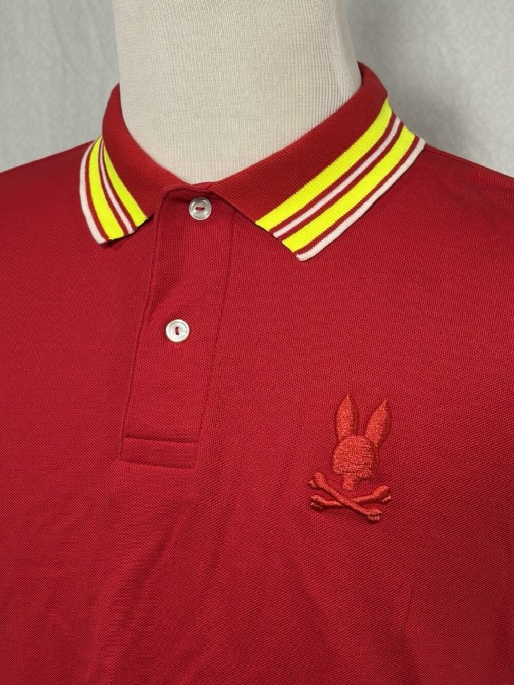 Psycho Bunny Men's Rio Red Yellow Gresham Tipped Short Sleeve Polo Shirt Sz 5 - Picture 2 of 11